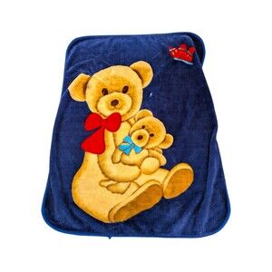 Vintage Teddy Bear Baby Blanket Navy Blue Mink Plush 40x50 Crib Throw Nursery